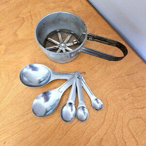 Vintage Metal Flour Sifter And Measuring Spoons Northcraft